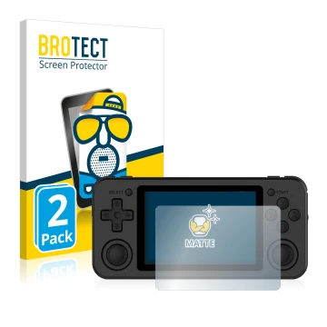 Vorderseite einer Produktverpackung mit dem Markenlogo BROTECT. Daneben ist das Gerät Anbernic RG351P mit dem zugehörigen Disp