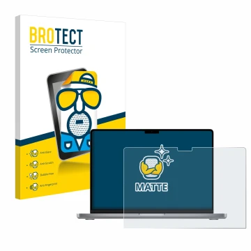 Vorderseite einer Produktverpackung mit dem Markenlogo BROTECT. Daneben ist das Gerät Apple MacBook Pro 14