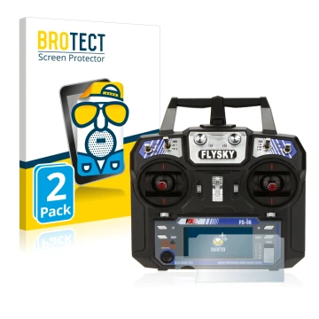 Vorderseite einer Produktverpackung mit dem Markenlogo BROTECT. Daneben ist das Gerät FlySky FS-i6 mit dem zugehörigen Display