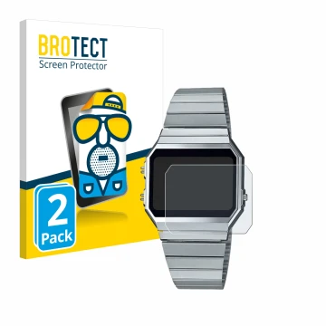 Vorderseite einer Produktverpackung mit dem Markenlogo BROTECT. Daneben ist das Gerät Casio A700WE mit dem zugehörigen Display