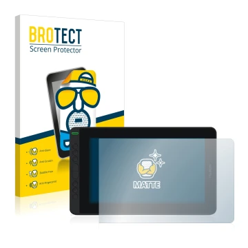 Vorderseite einer Produktverpackung mit dem Markenlogo BROTECT. Daneben ist das Gerät Huion Kamvas 12 mit dem zugehörigen Disp