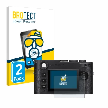 Vorderseite einer Produktverpackung mit dem Markenlogo BROTECT. Daneben ist das Gerät Leica M11 mit dem zugehörigen Displaysch