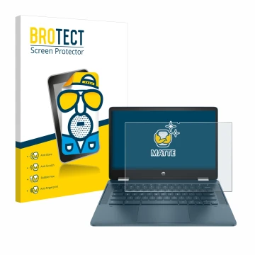 Vorderseite einer Produktverpackung mit dem Markenlogo BROTECT. Daneben ist das Gerät HP Chromebook x360 (14b-cbX) mit dem zug