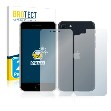 Vorderseite einer Produktverpackung mit dem Markenlogo BROTECT. Daneben ist das Gerät Apple iPhone SE 3 2022 (Display+Rückseit