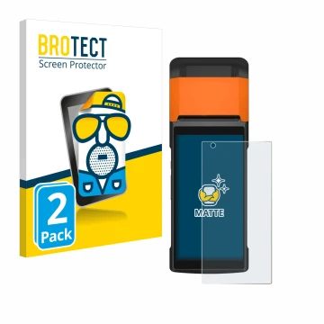 Vorderseite einer Produktverpackung mit dem Markenlogo BROTECT. Daneben ist das Gerät Sunmi V2s mit dem zugehörigen Displaysch