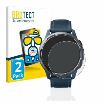 Vorderseite einer Produktverpackung mit dem Markenlogo BROTECT. Daneben ist das Gerät Xiaomi Watch S1 Active mit dem zugehörig