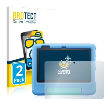 Vorderseite einer Produktverpackung mit dem Markenlogo BROTECT. Daneben ist das Gerät Amazon Fire 7 Kids 2022 mit dem zugehöri