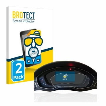 Vorderseite einer Produktverpackung mit dem Markenlogo BROTECT. Daneben ist das Gerät Audi A4 B9 2017 Virtual Cockpit mit dem 