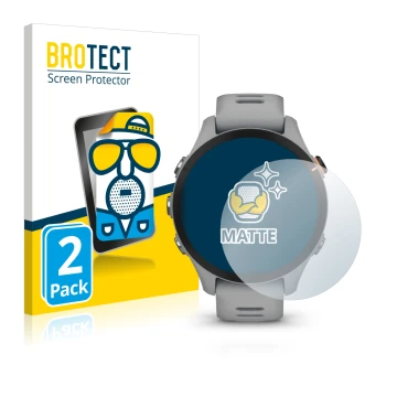 Vorderseite einer Produktverpackung mit dem Markenlogo BROTECT. Daneben ist das Gerät Garmin Forerunner 255S mit dem zugehörig