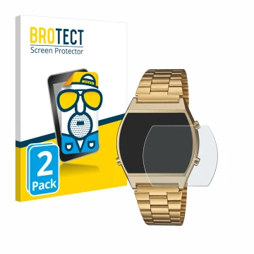 Vorderseite einer Produktverpackung mit dem Markenlogo BROTECT. Daneben ist das Gerät Casio Retro B640WB mit dem zugehörigen D