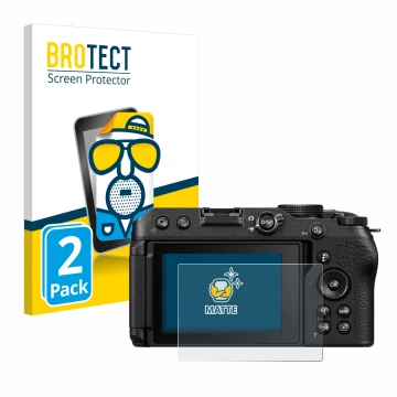 Vorderseite einer Produktverpackung mit dem Markenlogo BROTECT. Daneben ist das Gerät Nikon Z 30 mit dem zugehörigen Displaysc