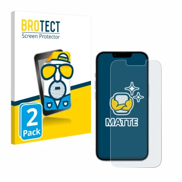 Vorderseite einer Produktverpackung mit dem Markenlogo BROTECT. Daneben ist das Gerät Apple iPhone 14 mit dem zugehörigen Disp