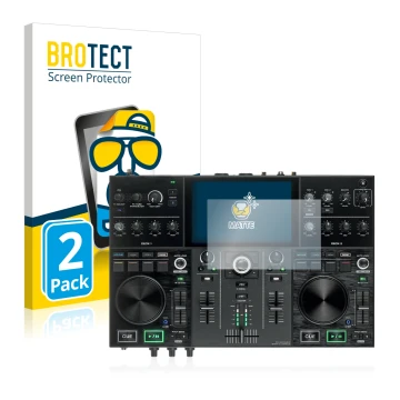 Vorderseite einer Produktverpackung mit dem Markenlogo BROTECT. Daneben ist das Gerät Denon DJ Prime Go mit dem zugehörigen Di