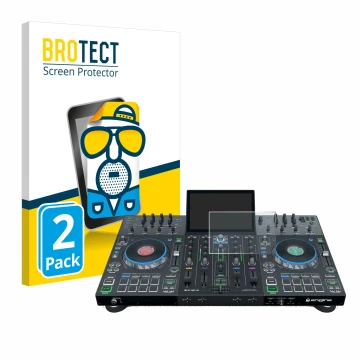 Vorderseite einer Produktverpackung mit dem Markenlogo BROTECT. Daneben ist das Gerät Denon DJ Prime 4 mit dem zugehörigen Dis