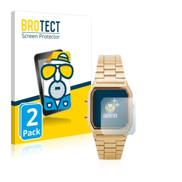 Vorderseite einer Produktverpackung mit dem Markenlogo BROTECT. Daneben ist das Gerät Casio AQ-230GA mit dem zugehörigen Displ