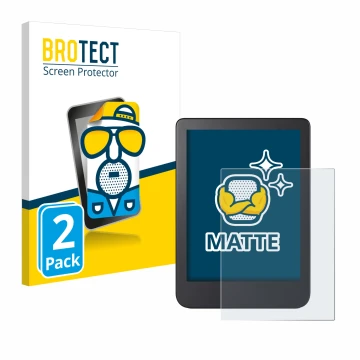 Vorderseite einer Produktverpackung mit dem Markenlogo BROTECT. Daneben ist das Gerät Kobo Clara 2E mit dem zugehörigen Displa