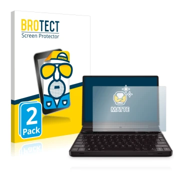 Vorderseite einer Produktverpackung mit dem Markenlogo BROTECT. Daneben ist das Gerät GPD Win Max 2 mit dem zugehörigen Displa