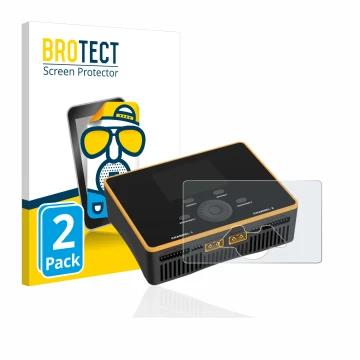 Vorderseite einer Produktverpackung mit dem Markenlogo BROTECT. Daneben ist das Gerät Junsi iCharger DX8 Duo mit dem zugehörig