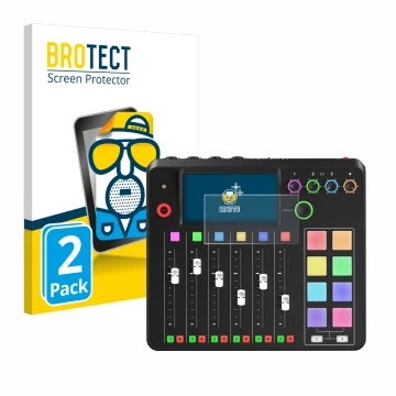 Vorderseite einer Produktverpackung mit dem Markenlogo BROTECT. Daneben ist das Gerät Rode Rodecaster Pro II mit dem zugehörig