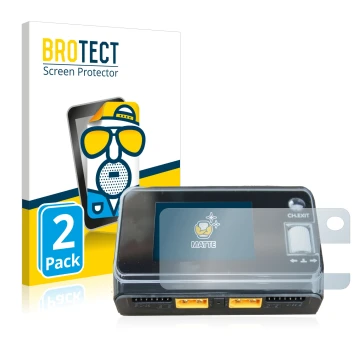 Vorderseite einer Produktverpackung mit dem Markenlogo BROTECT. Daneben ist das Gerät ToolkitRC M6D Dual Charger mit dem zugeh