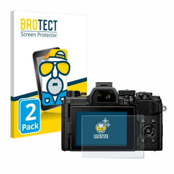 Vorderseite einer Produktverpackung mit dem Markenlogo BROTECT. Daneben ist das Gerät Olympus OM System OM-5 mit dem zugehörig