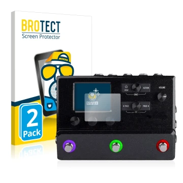 Vorderseite einer Produktverpackung mit dem Markenlogo BROTECT. Daneben ist das Gerät Line 6 hx stomp mit dem zugehörigen Disp