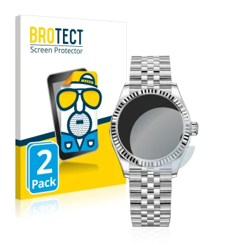 Vorderseite einer Produktverpackung mit dem Markenlogo BROTECT. Daneben ist das Gerät Rolex Datejust 31 mit dem zugehörigen Di