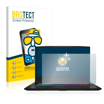 Vorderseite einer Produktverpackung mit dem Markenlogo BROTECT. Daneben ist das Gerät MSI Katana 17 B13V mit dem zugehörigen D