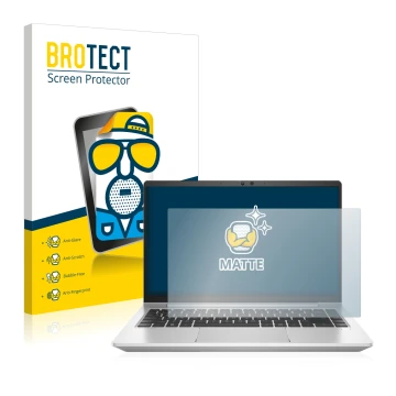 Vorderseite einer Produktverpackung mit dem Markenlogo BROTECT. Daneben ist das Gerät HP ProBook 445 G8 mit dem zugehörigen Di