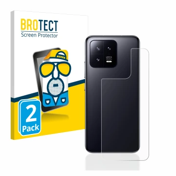 Vorderseite einer Produktverpackung mit dem Markenlogo BROTECT. Daneben ist das Gerät Xiaomi 13 (Rückseite) mit dem zugehörige