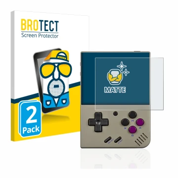 Vorderseite einer Produktverpackung mit dem Markenlogo BROTECT. Daneben ist das Gerät Miyoo Mini Plus mit dem zugehörigen Disp