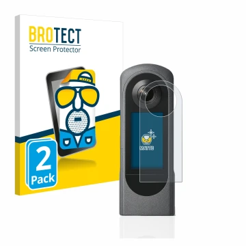Vorderseite einer Produktverpackung mit dem Markenlogo BROTECT. Daneben ist das Gerät Ricoh Theta X mit dem zugehörigen Displa