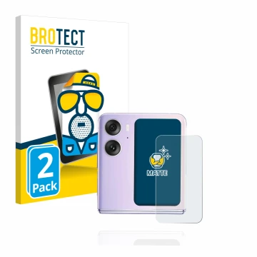 Vorderseite einer Produktverpackung mit dem Markenlogo BROTECT. Daneben ist das Gerät Oppo Find N2 Flip (Hinteres Display) mit