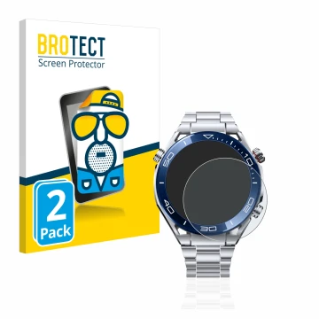 Vorderseite einer Produktverpackung mit dem Markenlogo BROTECT. Daneben ist das Gerät Huawei Watch Ultimate (48.5 mm) mit dem 