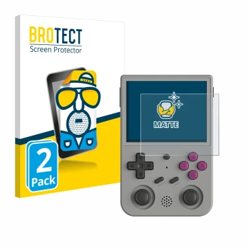 Vorderseite einer Produktverpackung mit dem Markenlogo BROTECT. Daneben ist das Gerät Anbernic RG353V mit dem zugehörigen Disp