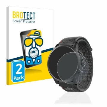 Vorderseite einer Produktverpackung mit dem Markenlogo BROTECT. Daneben ist das Gerät Coros Apex 2 mit dem zugehörigen Display