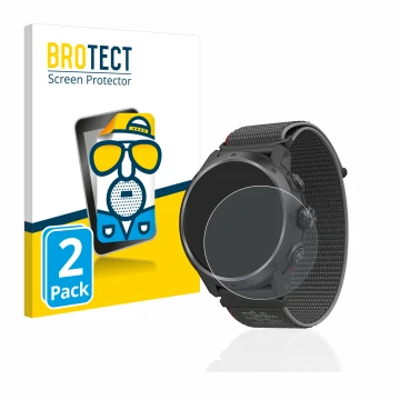 Vorderseite einer Produktverpackung mit dem Markenlogo BROTECT. Daneben ist das Gerät Coros Apex 2 Pro mit dem zugehörigen Dis