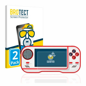 Vorderseite einer Produktverpackung mit dem Markenlogo BROTECT. Daneben ist das Gerät Blaze Evercade mit dem zugehörigen Displ