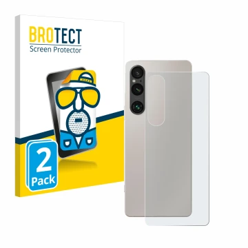 Vorderseite einer Produktverpackung mit dem Markenlogo BROTECT. Daneben ist das Gerät Sony Xperia 1 V (Rückseite) mit dem zuge