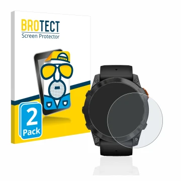 Vorderseite einer Produktverpackung mit dem Markenlogo BROTECT. Daneben ist das Gerät Garmin Fenix 7X Pro Solar (51 mm) mit de