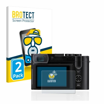 Vorderseite einer Produktverpackung mit dem Markenlogo BROTECT. Daneben ist das Gerät Leica Q3 mit dem zugehörigen Displayschu