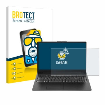 Vorderseite einer Produktverpackung mit dem Markenlogo BROTECT. Daneben ist das Gerät Lenovo V15 Gen 4 AMN mit dem zugehörigen