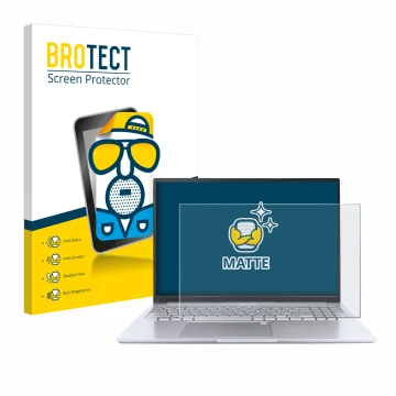 Vorderseite einer Produktverpackung mit dem Markenlogo BROTECT. Daneben ist das Gerät ASUS Vivobook 16 M1605 mit dem zugehörig