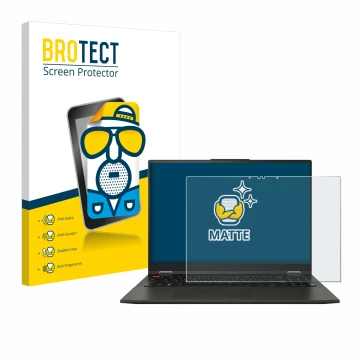 Vorderseite einer Produktverpackung mit dem Markenlogo BROTECT. Daneben ist das Gerät ASUS Vivobook S 16 Flip OLED TP3604 mit 