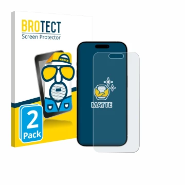 Vorderseite einer Produktverpackung mit dem Markenlogo BROTECT. Daneben ist das Gerät Apple iPhone 15 mit dem zugehörigen Disp