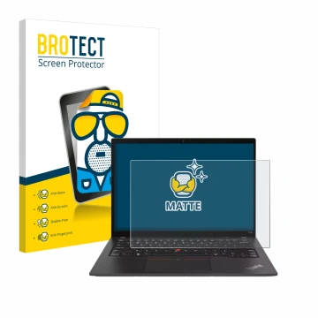 Vorderseite einer Produktverpackung mit dem Markenlogo BROTECT. Daneben ist das Gerät Lenovo ThinkPad T14s Gen 4 mit dem zugeh