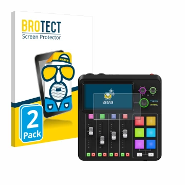 Vorderseite einer Produktverpackung mit dem Markenlogo BROTECT. Daneben ist das Gerät Rode Rodecaster Duo mit dem zugehörigen 