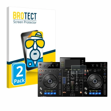 Vorderseite einer Produktverpackung mit dem Markenlogo BROTECT. Daneben ist das Gerät Pioneer XDJ-RX mit dem zugehörigen Displ