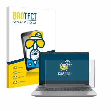 Vorderseite einer Produktverpackung mit dem Markenlogo BROTECT. Daneben ist das Gerät HP 250 G9 mit dem zugehörigen Displaysch