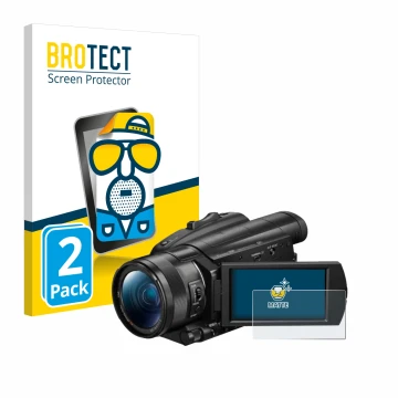 Vorderseite einer Produktverpackung mit dem Markenlogo BROTECT. Daneben ist das Gerät Sony FDR-AX700 mit dem zugehörigen Displ